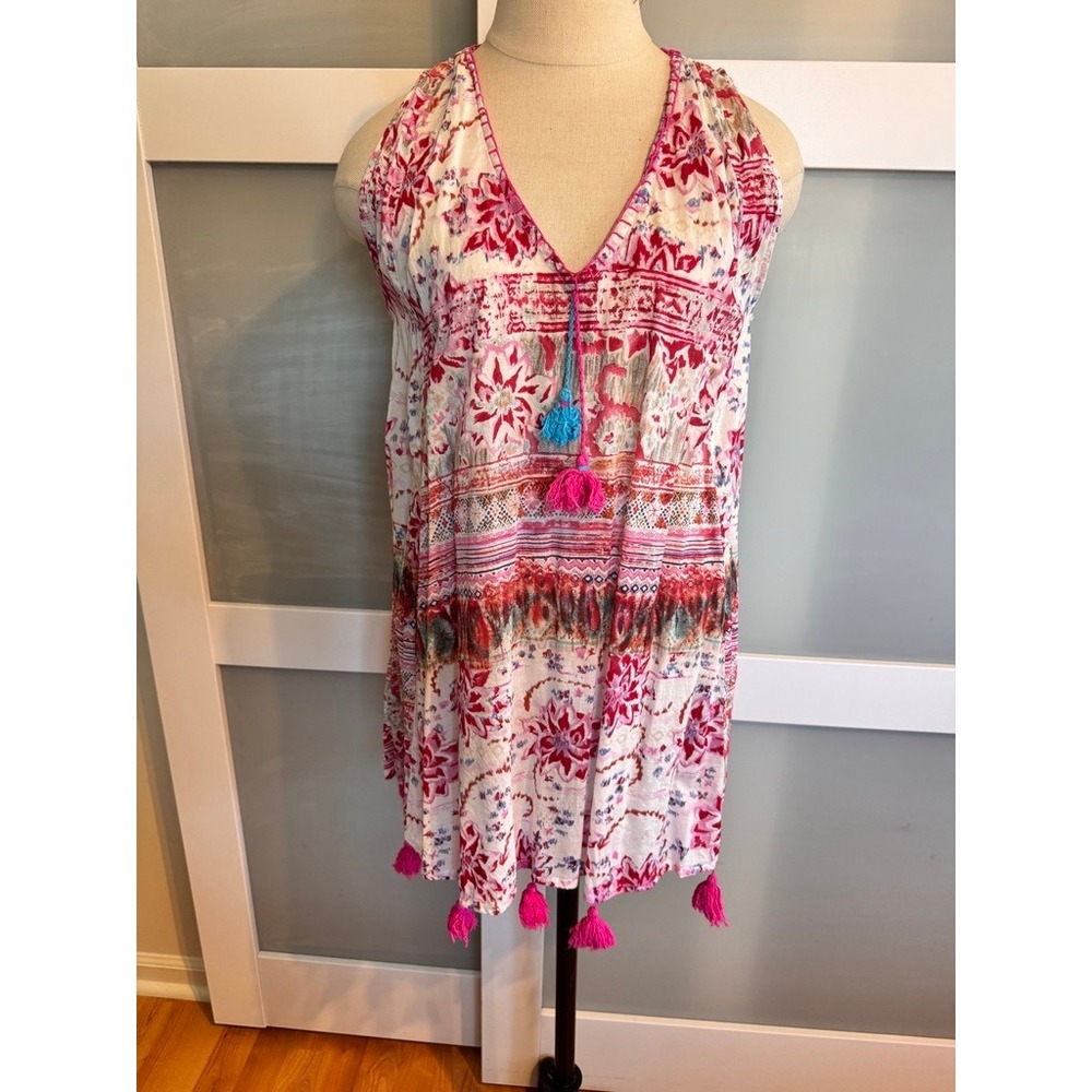 Bohemian Pink Floral Tassel Hem Sleeveless Tunic Top Mini Dress xS